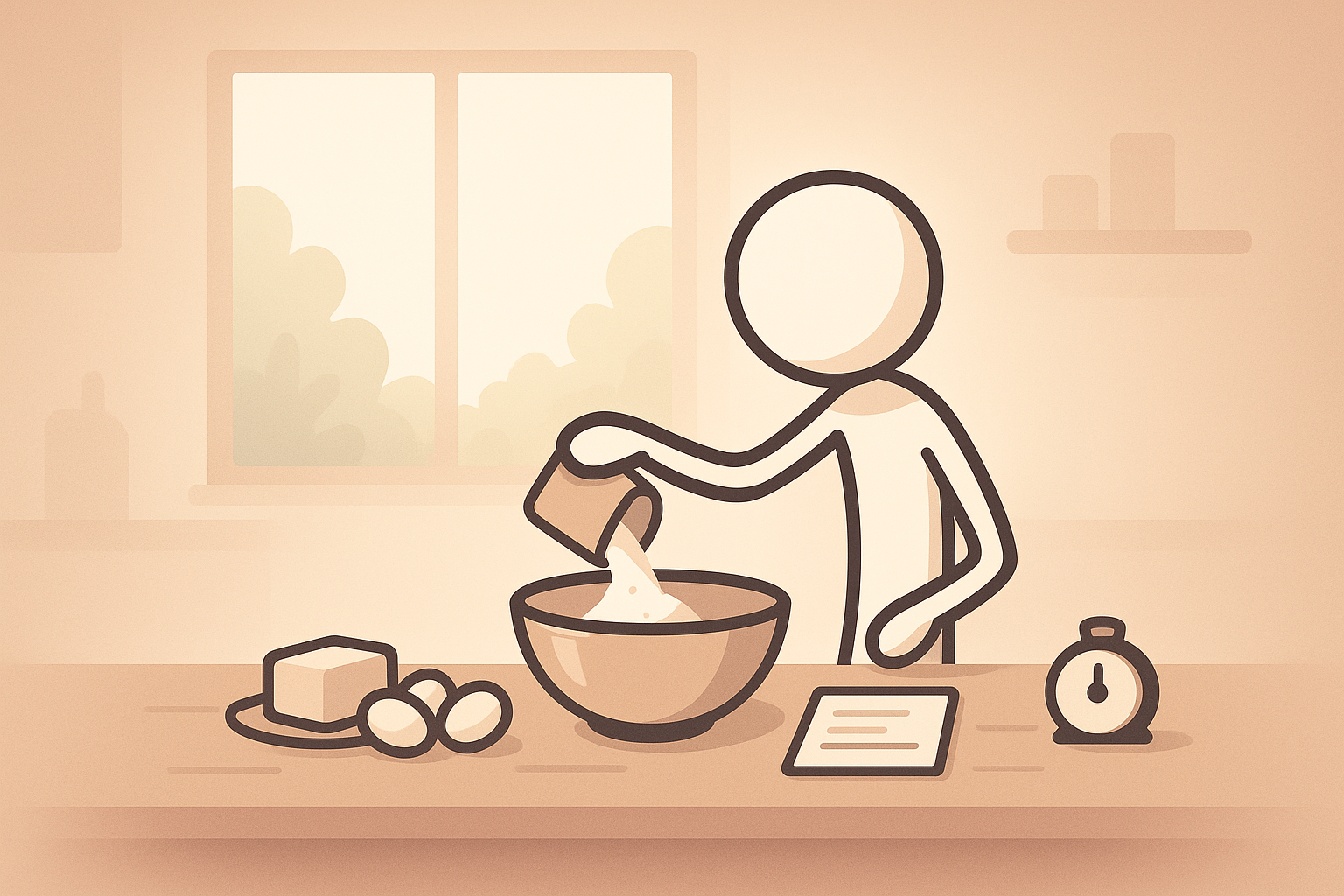 Stickman guide on how to make cake, showcasing steps in a minimalist style.