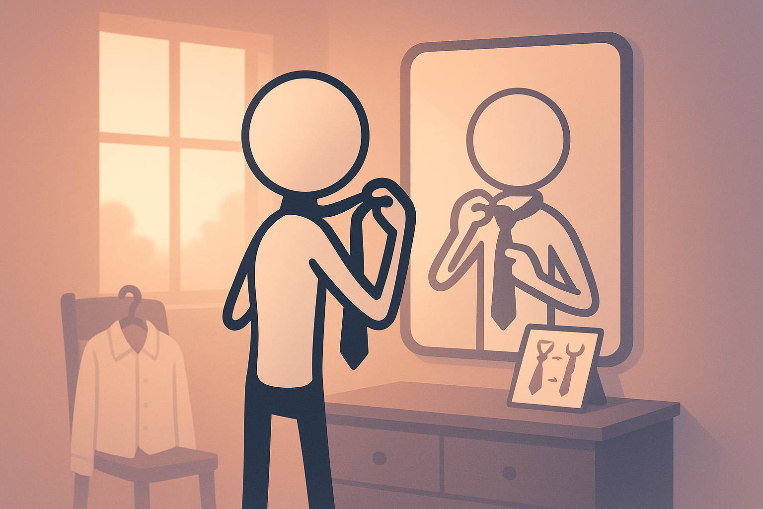 Stickman figure demonstrating how to tie a tie with a perfect knot in a minimalist style.