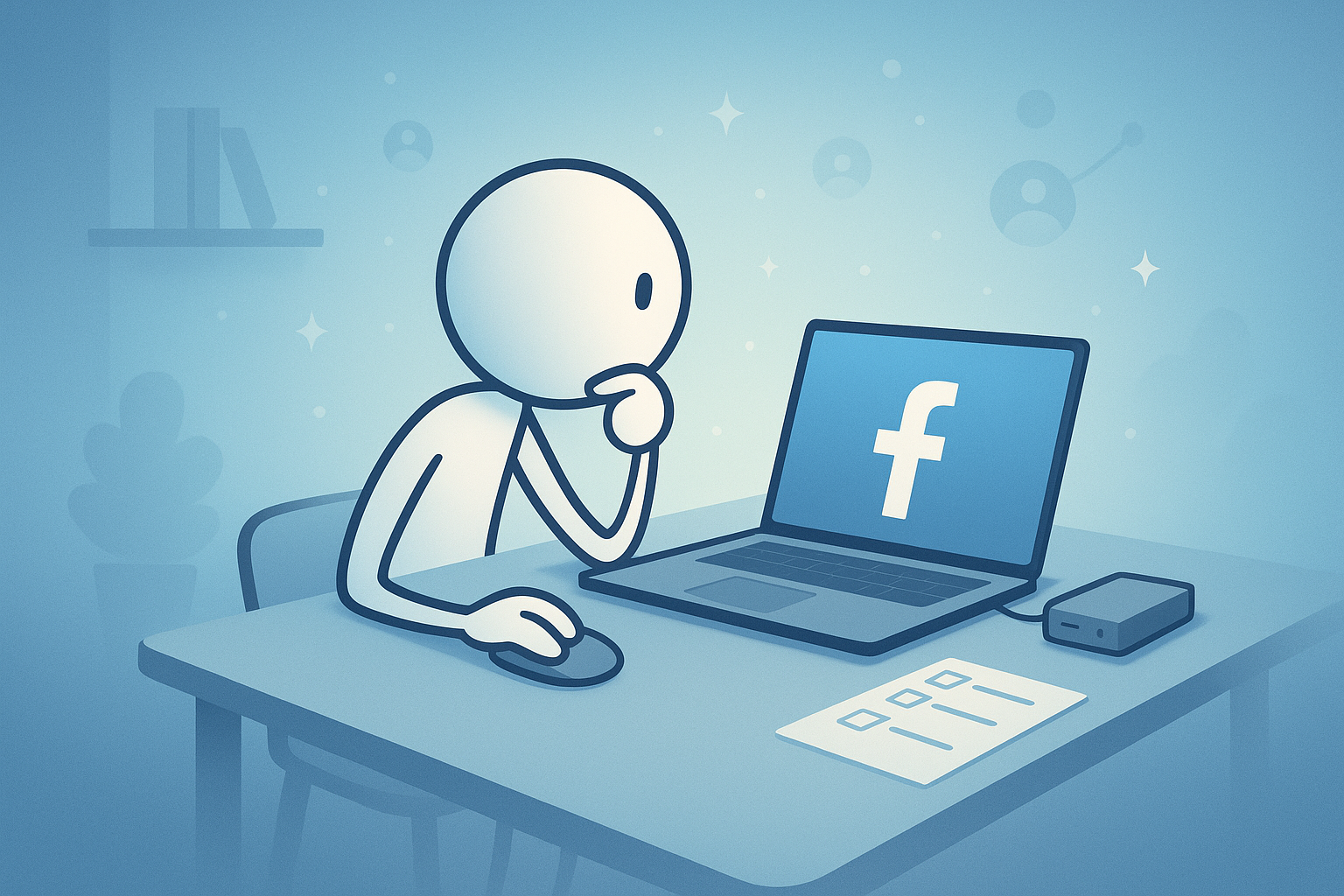 Stickman clicking "delete" on a Facebook interface, illustrating how to delete Facebook account.