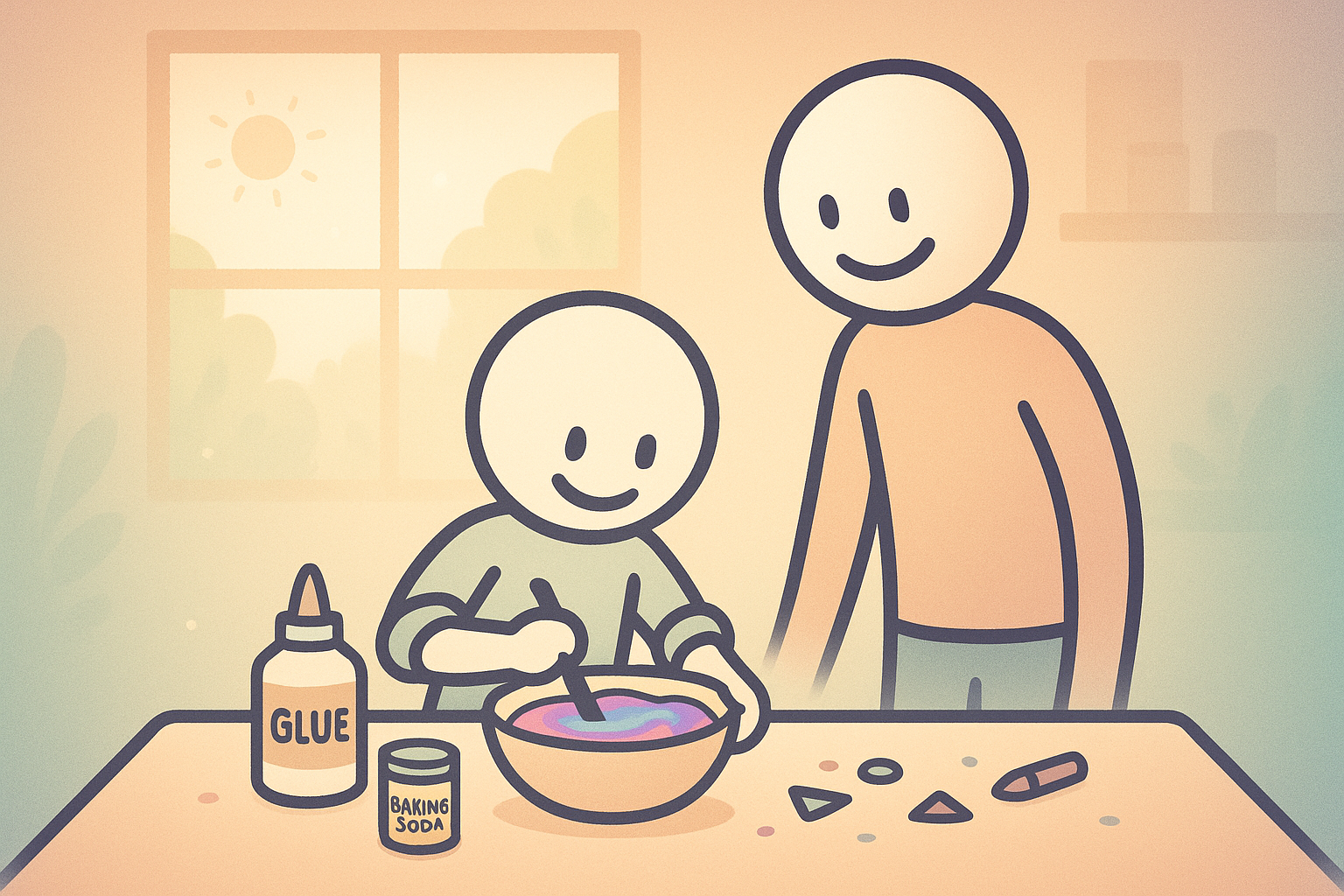 Stickman showing how to make slime, demonstrating 3 easy, safe recipes for kids.