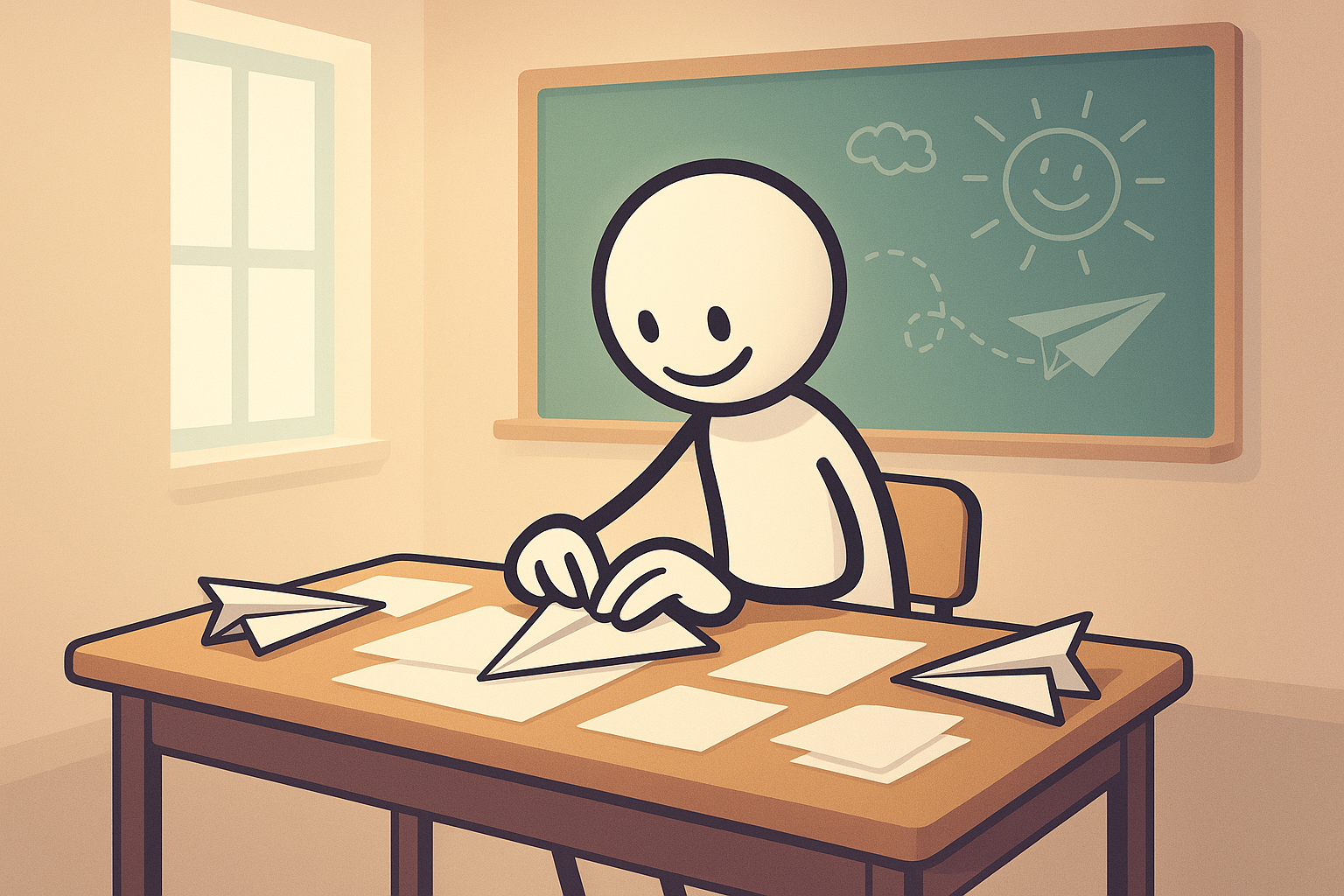 Stickman showing easy steps on how to make a paper airplane